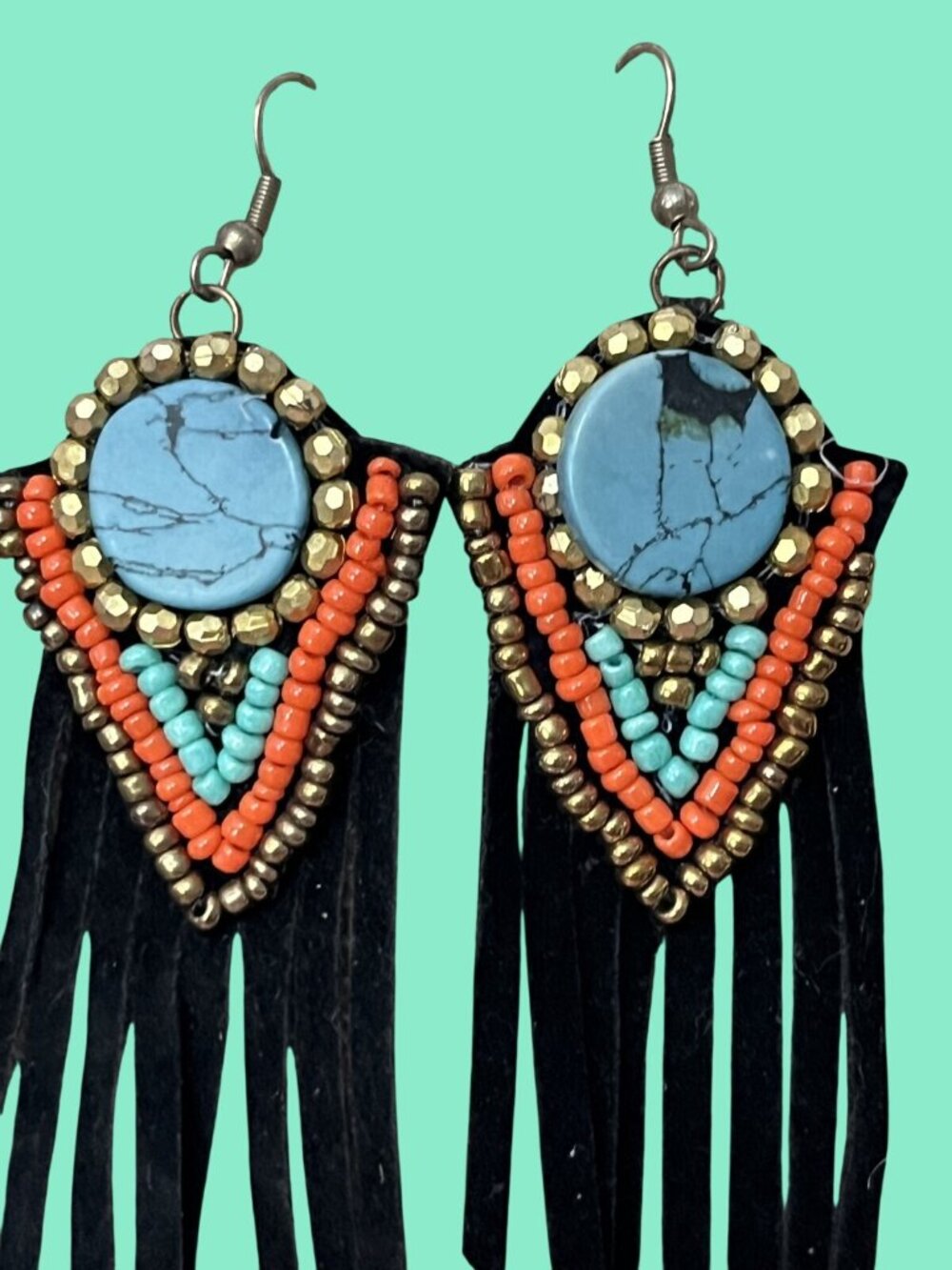 Bohemian Beaded Necklace & Earrings Set With Turquoise & Red Stones - Picture 6 of 6